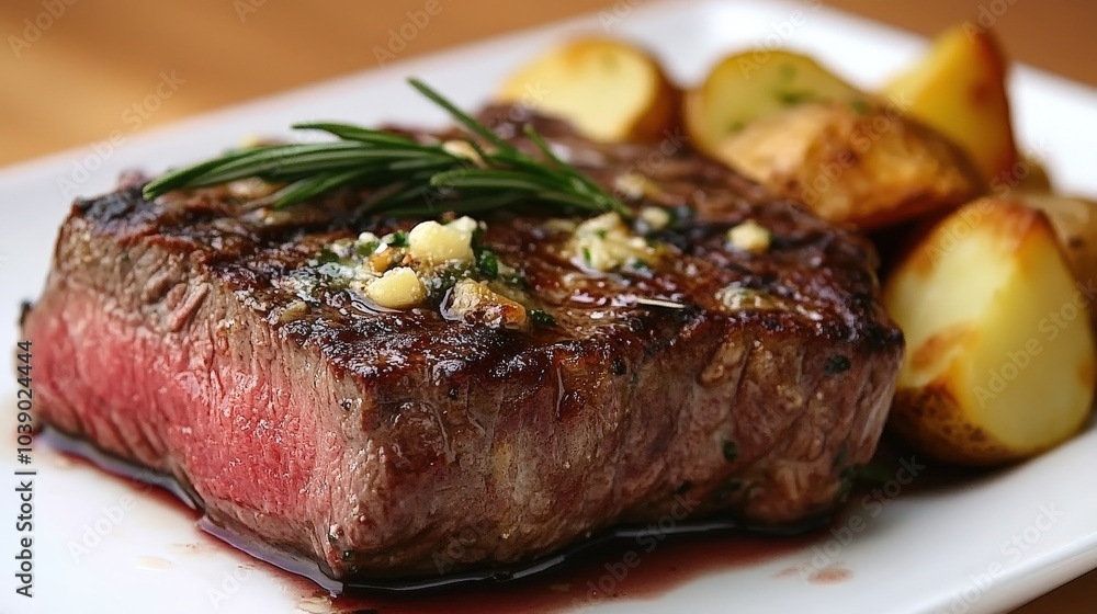 Gourmet Steak Cooked Medium-Rare with Garlic Butter and Roasted Potatoes on a White Plate Gourmet Steak Cooked Medium-Rare with Garlic Butter and Roasted Potatoes on a White Plate