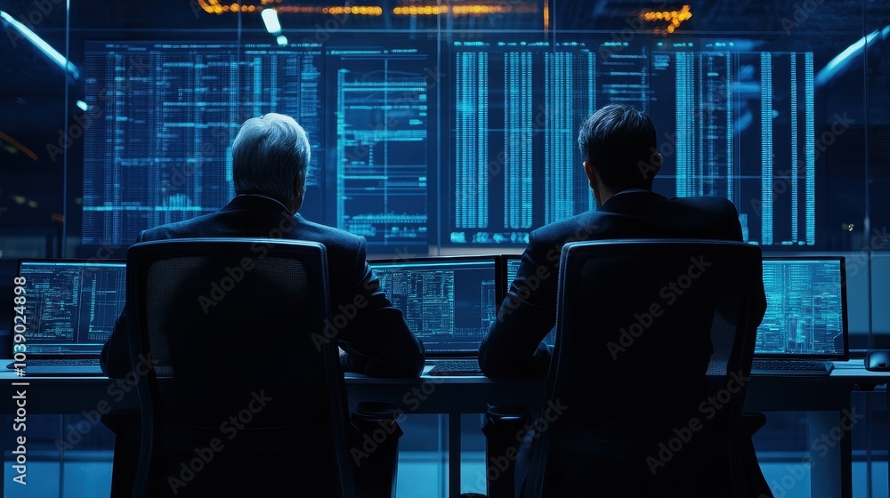 Cyber Security Experts Analyzing Data in a High-Tech Control Room Cyber Security Experts Analyzing Data in a High-Tech Control Room