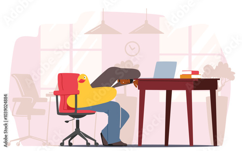 Businessman Character Relaxing With Inflatable Duck In Bright Office Setting During Work Hours, Dreaming about Vacation