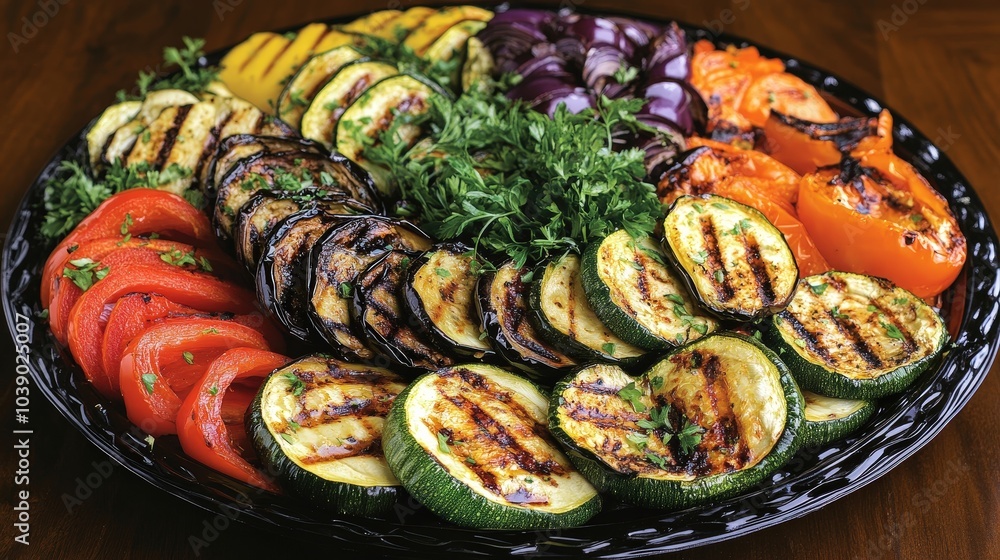 Grilled Vegetable Platter with Zucchini, Eggplant, Bell Peppers, and Fresh Herbs on a White Plate Grilled Vegetable Platter with Zucchini, Eggplant, Bell Peppers, and Fresh Herbs on a White Plate