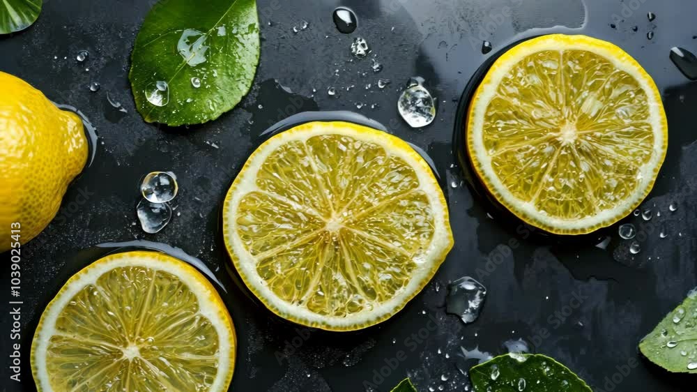 Three lemon slices and a whole lemon lay on a dark surface with water droplets Three lemon slices and a whole lemon lay on a dark surface with water droplets