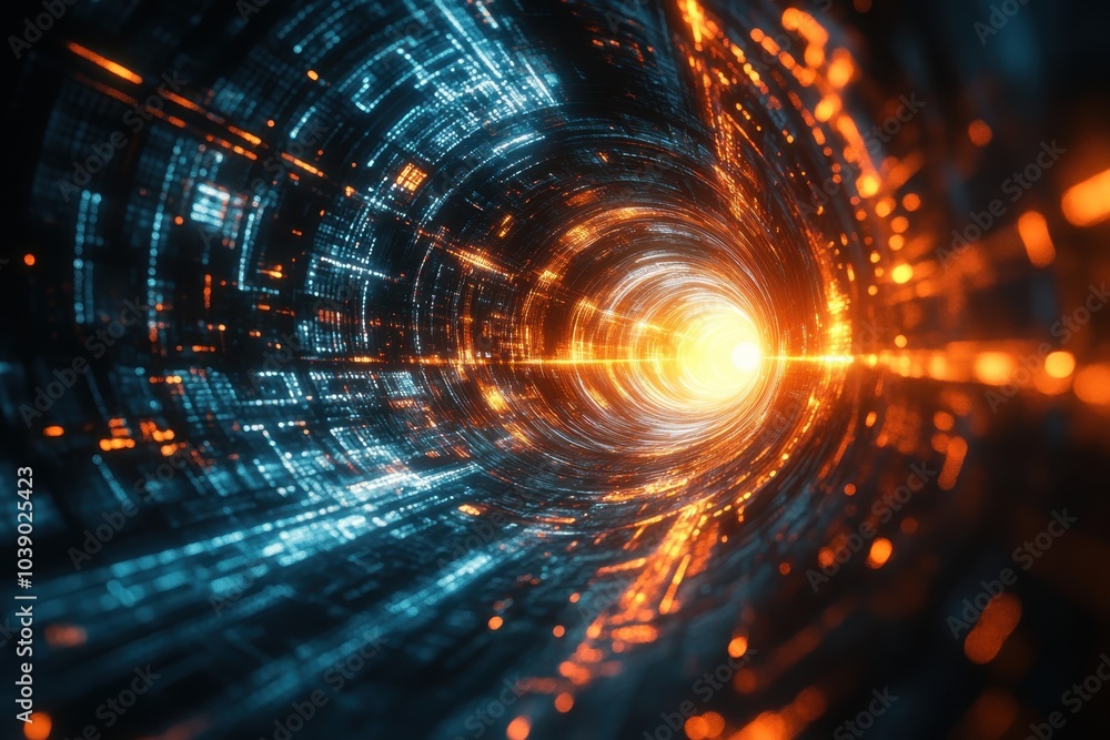 Obraz premium A vibrant digital tunnel illuminated by orange and blue lights swirling in a rhythmic pattern