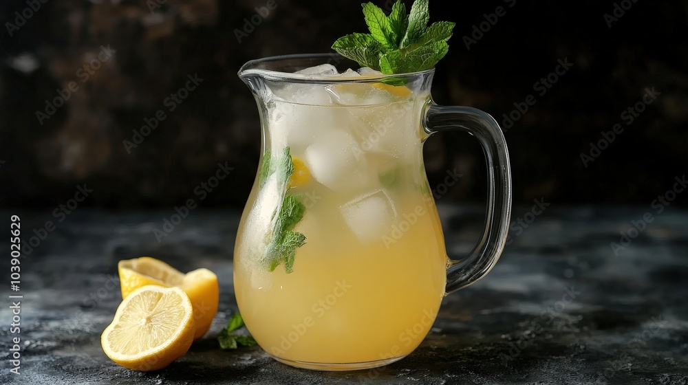 Homemade Lemonade with Ice Cubes and Fresh Mint Leaves in a Glass Pitcher Homemade Lemonade with Ice Cubes and Fresh Mint Leaves in a Glass Pitcher