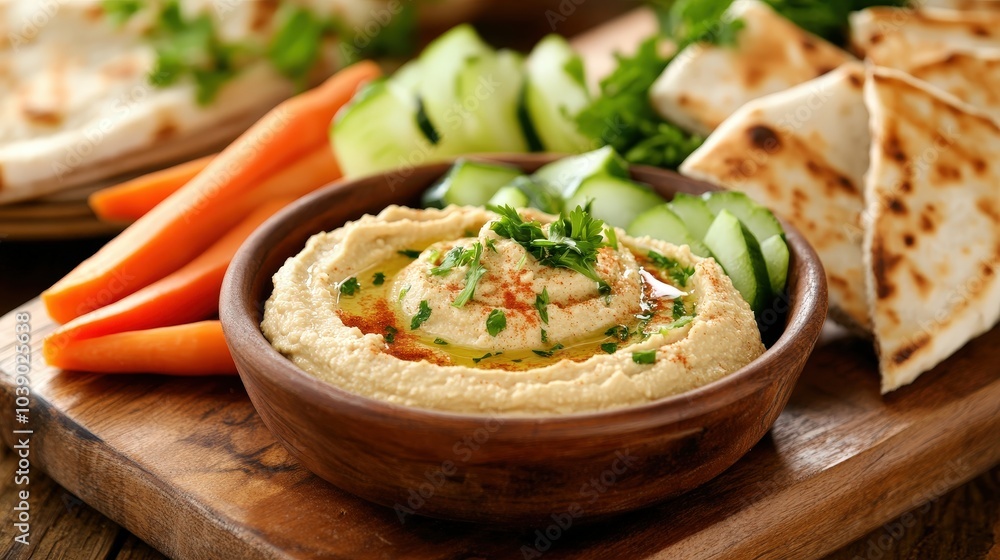 Homemade Hummus Served with Sliced Vegetables, Flatbread, and Cheese Garnish on a Wooden Board Homemade Hummus Served with Sliced Vegetables, Flatbread, and Cheese Garnish on a Wooden Board