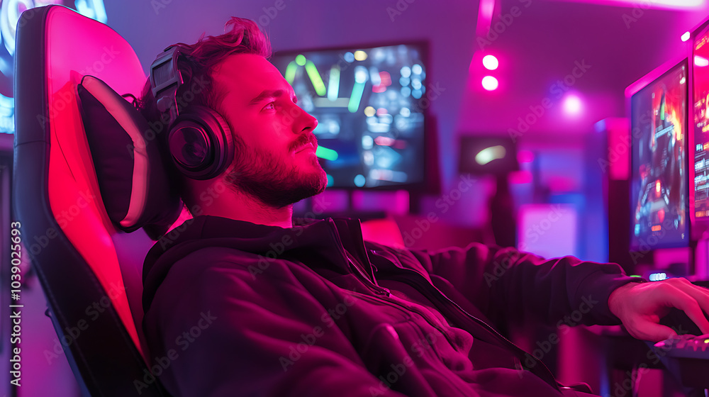 Fototapeta premium Gamer in a neon-lit room playing on a computer with headphones