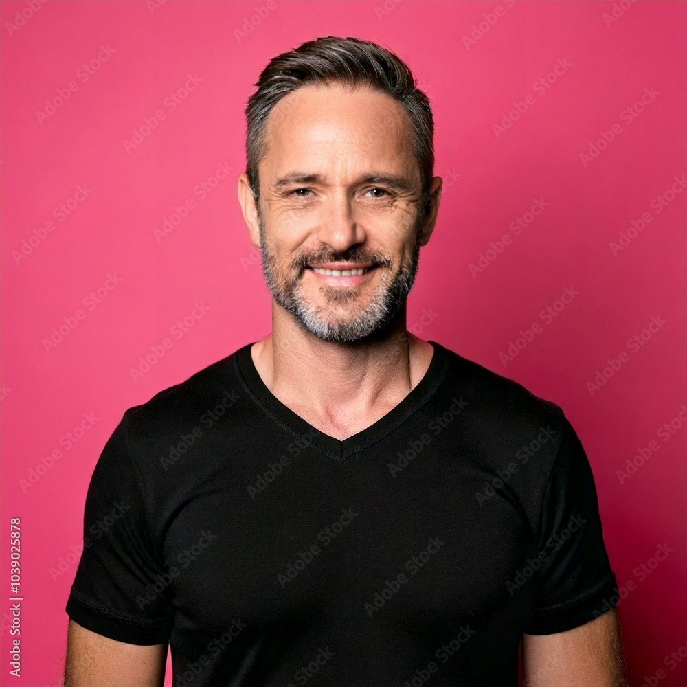 portrait of a man wearing a black t-shirt on a pink background portrait of a man wearing a black t-shirt on a pink background