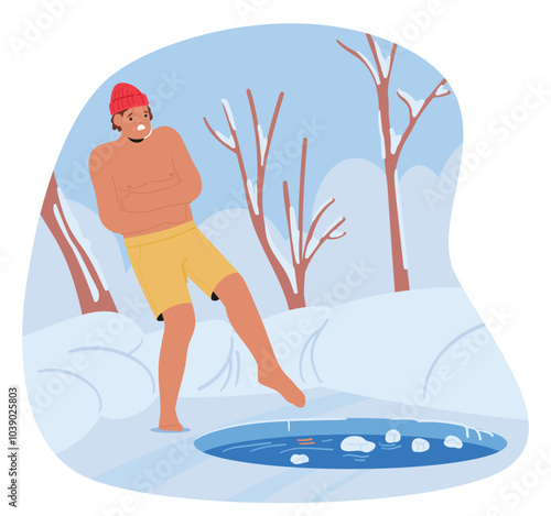 Man In Swim Shorts And Red Beanie Prepares To Plunge Into the Ice Hole at Ice-covered Lake Surrounded By Snowy Trees