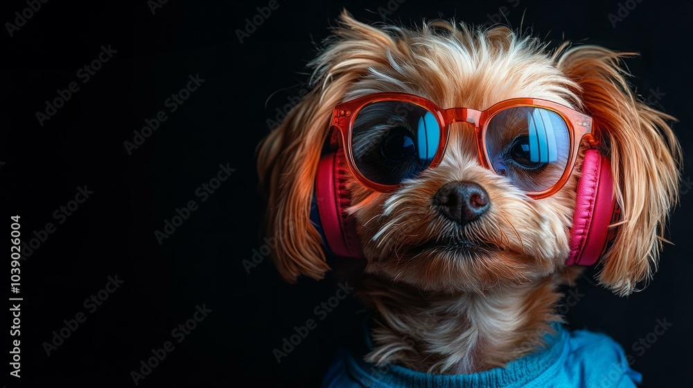 Naklejka premium Adorable dog wearing sunglasses and headphones for a fun musical vibe, blending humor and style in pet photography.