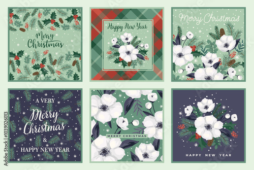 Christmas and Happy New Year cards with Christmas tree and white flowers. Vector template.