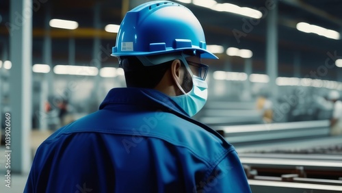 Industrial worker in blue helmet and mask in modern factory setting photo