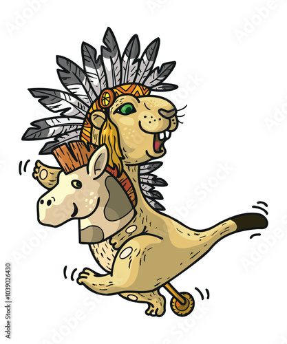 Funny prairie dog hobby horsing in big warbonnet 