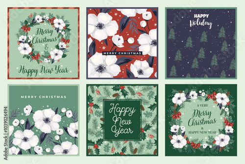 Christmas and Happy New Year cards with Christmas tree and white flowers. Vector template.