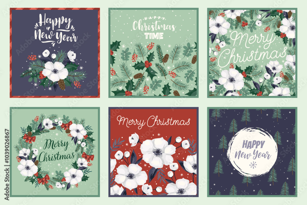Fototapeta premium Christmas and Happy New Year cards with Christmas tree and white flowers. Vector template.