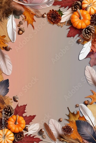 Hello Autumn Frame. Design for Invitation Card, Banner and Poster. Illustration with autumnal elements border: pumpkin, leaves, feathers
