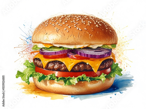Grill burger, American fast food concept, watercolor illustration isolated on white background, grilled meat collection