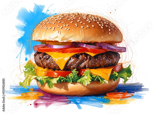 Grill burger, American fast food concept, watercolor illustration isolated on white background, grilled meat collection