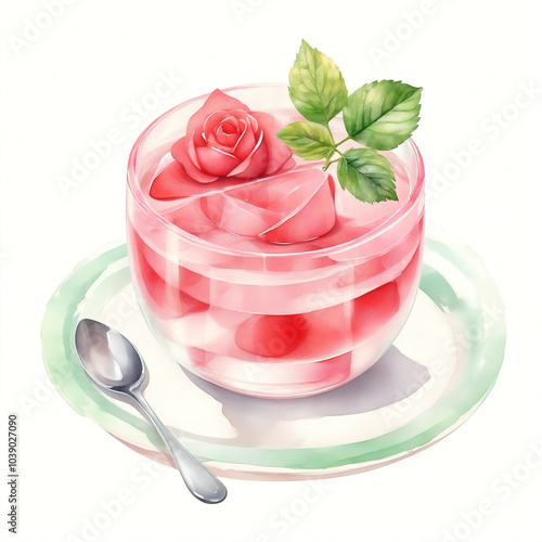 Panna cotta - traditional Italian cream dessert in a glass jar. Stawberry, chochkolate, pistaccio, coffee, cacao, rose. Watercolor illustration isolated on white background photo