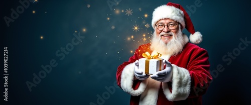 A cheerful Santa Claus in a festive suit holding a beautifully wrapped gift. This image captures the warmth and magic of Christmas, perfect for holiday-themed designs.

 photo