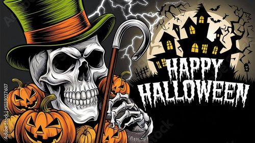 
A Halloween illustration of a scary skull wearing a green top hat. The skull is holding a cane. There are pumpkins around the skull. The
background is a haunted mansion with a lightning strike.  photo