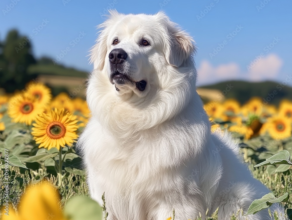 Majestic White Dog in Sunlit Sunflower Field: Explore the Beauty of Nature and Canine Bliss with Golden Sunflowers, Blue Sky, Summer Vibes, and Landscape Views Majestic White Dog in Sunlit Sunflower Field: Explore the Beauty of Nature and Canine Bliss with Golden Sunflowers, Blue Sky, Summer Vibes, and Landscape Views