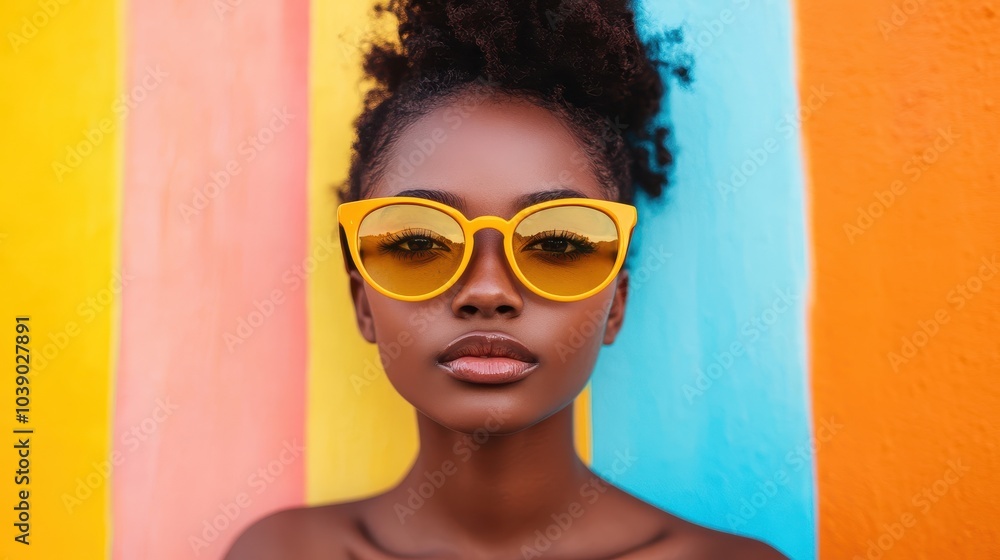A young person in yellow sunglasses poses against a vibrant striped backdrop in warm hues A young person in yellow sunglasses poses against a vibrant striped backdrop in warm hues