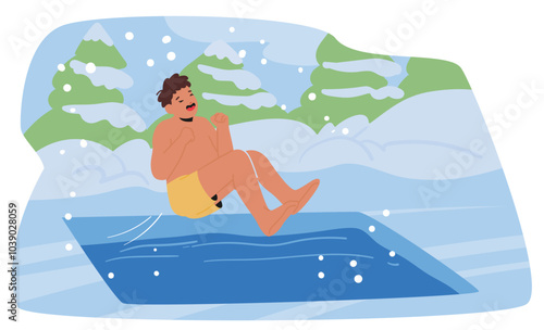 Cartoon Man Joyfully Jumping In Icy Waters During Winter With Snowy Landscape Background Showing Hardening