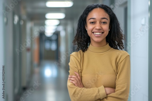  Confident student smiling in school hallway for education and diversity concept