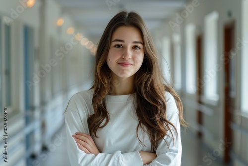 Confident student smiling in bright school hallway, representing youth, education, and future success opportunities. Free Download Confident student smiling in bright school hallway, representing youth, education, and future success opportunities. - GFXLoad