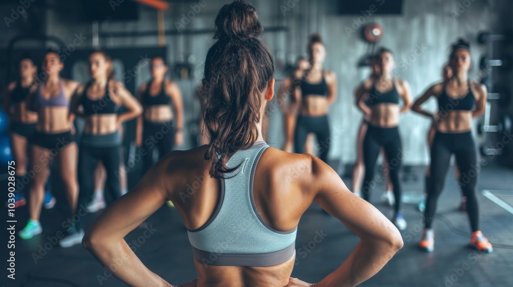 A woman teaching a group fitness class in a gym A woman teaching a group fitness class in a gym