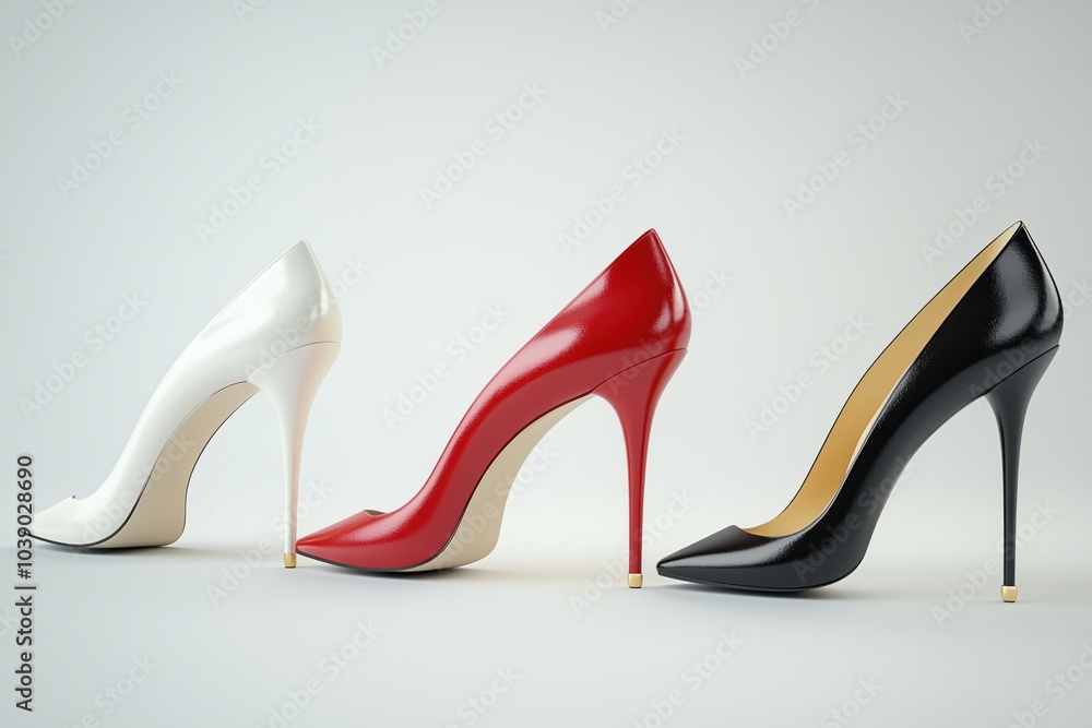 Elegant High Heel Shoes in Black, White, and Red Display