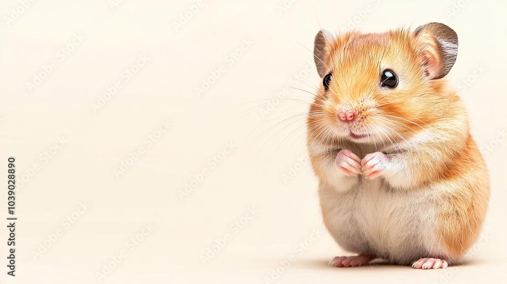 A cute, fluffy hamster stands upright against a soft background, appearing curious and playful. A cute, fluffy hamster stands upright against a soft background, appearing curious and playful.