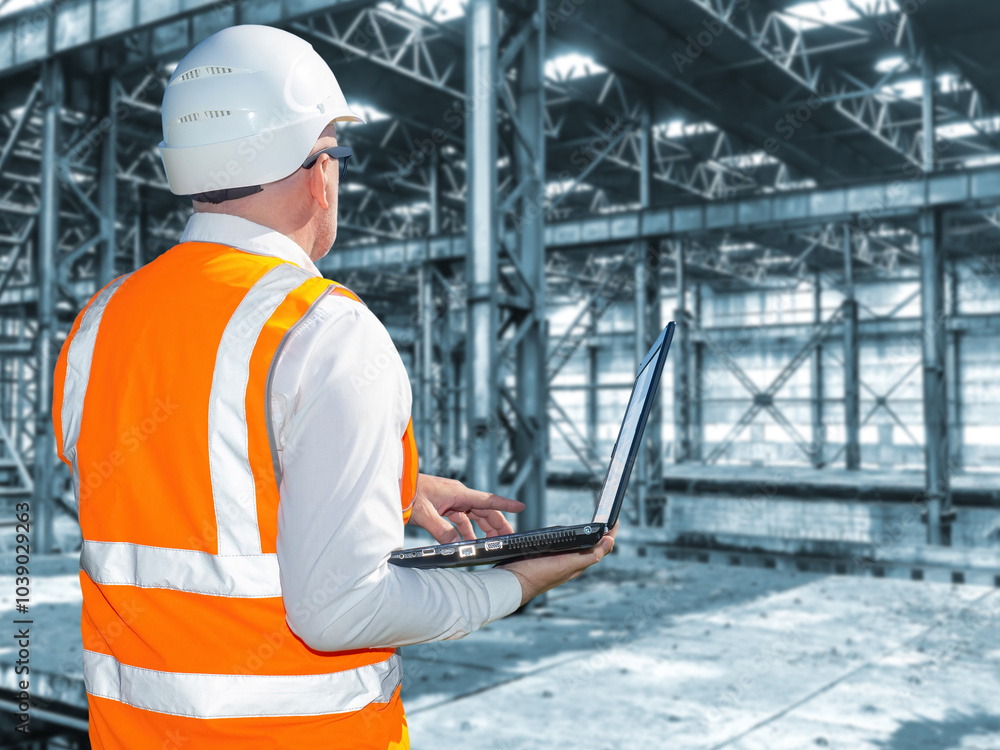 Renovation in industrial building. Man builder back to camera. Engineer with laptop planning repairs in factory. Man in abandoned factory building. Architect is considering renovation of building Renovation in industrial building. Man builder back to camera. Engineer with laptop planning repairs in factory. Man in abandoned factory building. Architect is considering renovation of building