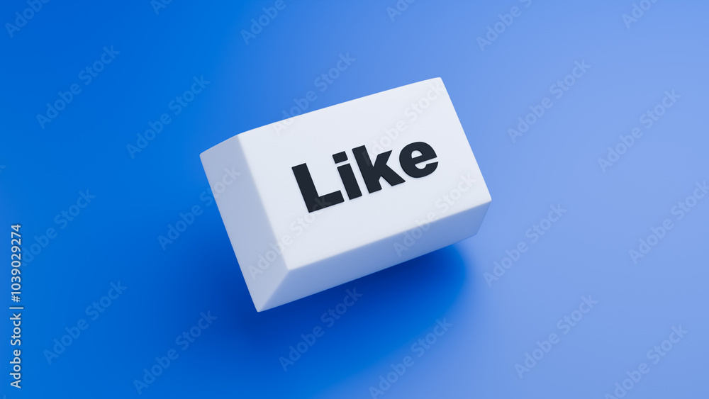 Like button on blue background. Pressbutton to mark your favorite video. Like button for social network. Keyboard key to add product to favorites concept. White button with inscription like. 3d image Like button on blue background. Pressbutton to mark your favorite video. Like button for social network. Keyboard key to add product to favorites concept. White button with inscription like. 3d image