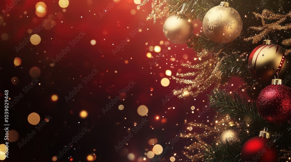 Sparkling Christmas Ornaments and Lights on a Festive Red Background Sparkling Christmas Ornaments and Lights on a Festive Red Background