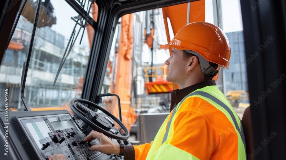 A crane operator in a high-visibility vest and helmet, adjusting crane controls with a clear view of the construction site through the cab鈥檚 window, Construction site scene A crane operator in a high-visibility vest and helmet, adjusting crane controls with a clear view of the construction site through the cab鈥檚 window, Construction site scene
