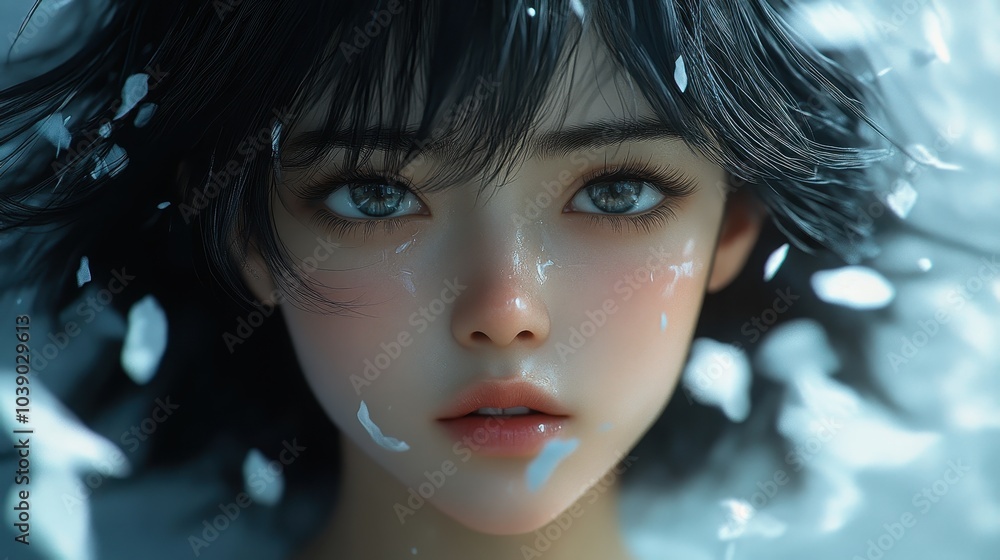 a beautiful anime girl looking into the camera, sad emotion while wind blowing, generative ai technology a beautiful anime girl looking into the camera, sad emotion while wind blowing, generative ai technology