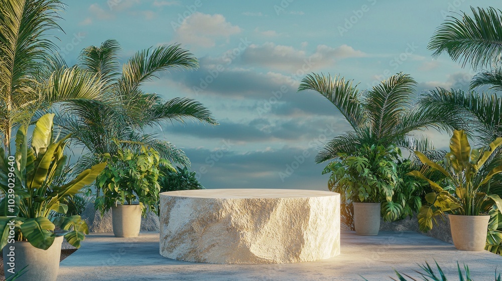Fototapeta premium Serene Luxury: Elegant Natural Stone Podium with Lush Greenery under Soft Evening Light