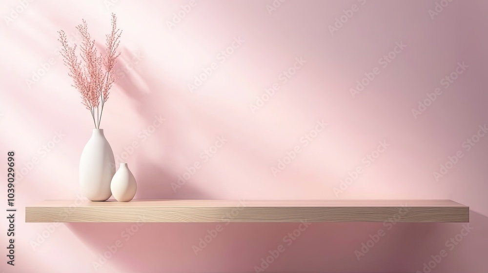 A minimalist shelf features two vases with delicate pink dried flowers against a soft pink wall, creating a serene and modern decor aesthetic. A minimalist shelf features two vases with delicate pink dried flowers against a soft pink wall, creating a serene and modern decor aesthetic.