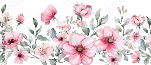 Elegant Watercolor Floral Pattern with Pink Blooms and Green Leaves