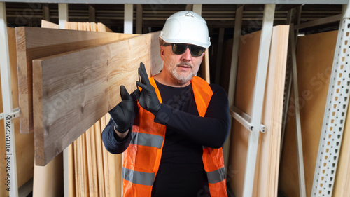 Man builder with boards in ...