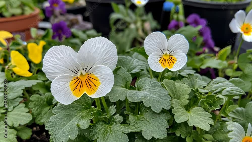 White pansies with yellow centers bloom in a garden White pansies with yellow centers bloom in a garden