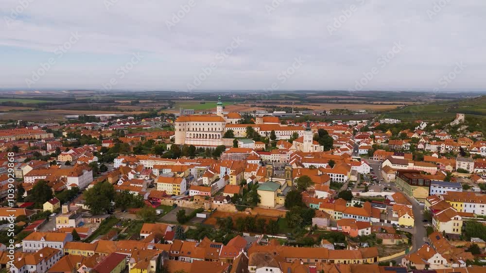 Mikulov Castle in the town of Mikulov in South Moravia, Czech Republic. Aerial View of Old Town Castle and Powder Tower in Mikulov, Czech Republic, Europe. Famous landmark in South Moravia wine region Mikulov Castle in the town of Mikulov in South Moravia, Czech Republic. Aerial View of Old Town Castle and Powder Tower in Mikulov, Czech Republic, Europe. Famous landmark in South Moravia wine region