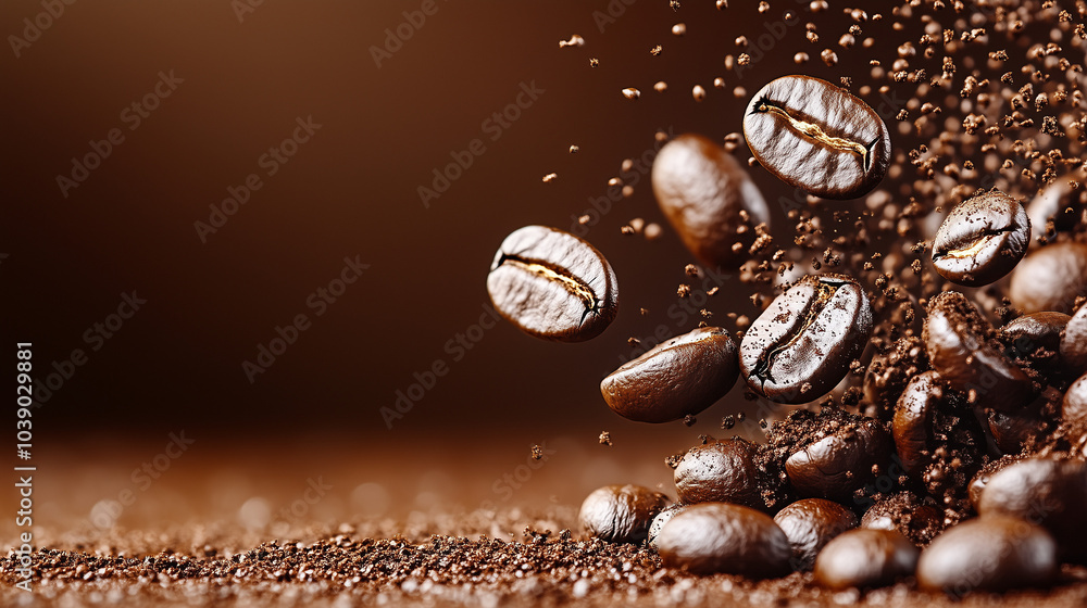 Flying coffee beans on dark brown background with copy space. Close up Flying coffee beans on dark brown background with copy space. Close up