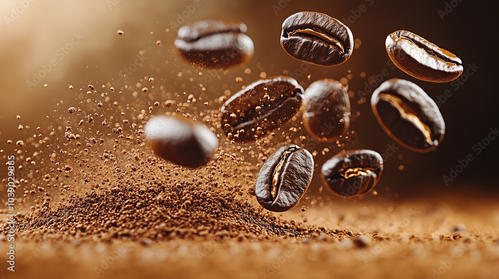 Flying coffee beans on dark brown background with copy space. Close up Flying coffee beans on dark brown background with copy space. Close up