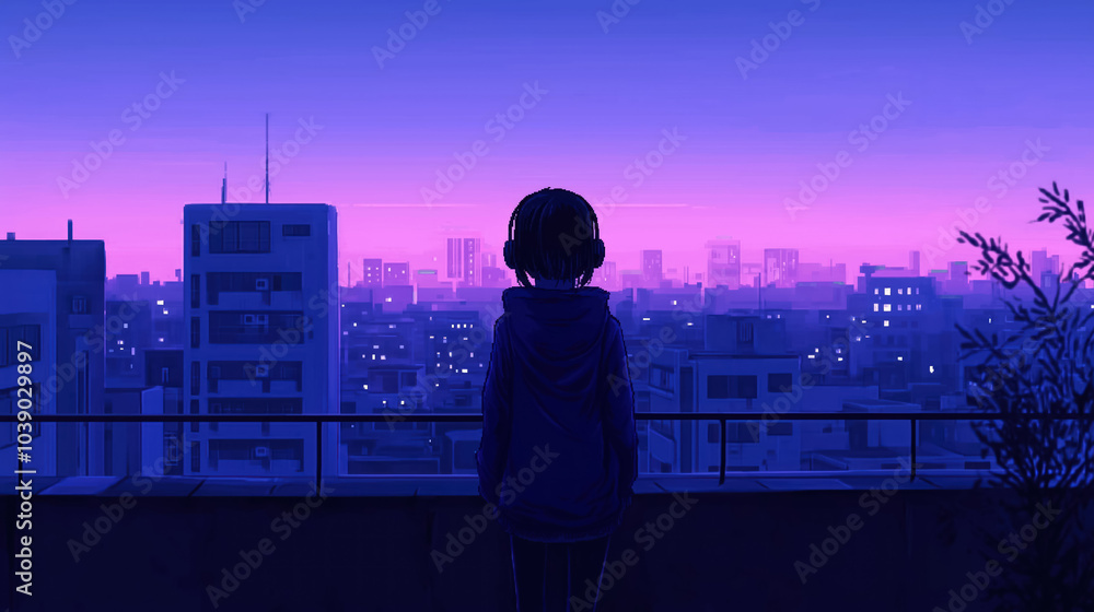 solitary figure overlooking cityscape at dusk with purple hues, pixel art, lofi solitary figure overlooking cityscape at dusk with purple hues, pixel art, lofi