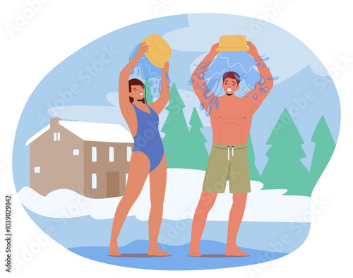 Happy Male and Female Characters Enjoying Ice Water Pouring In Winter Setting For Health Benefits And Strengthening