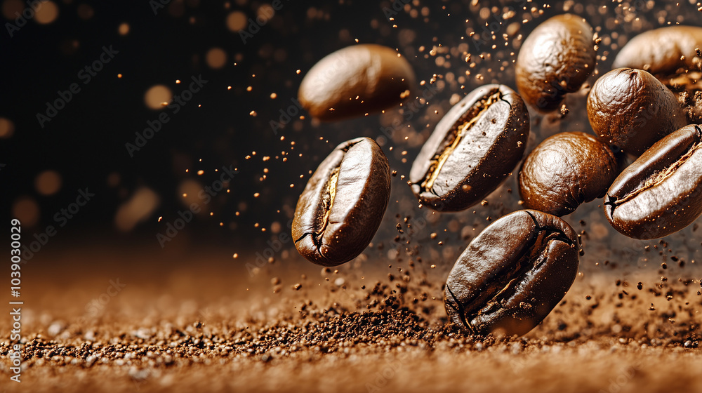 Flying coffee beans on dark brown background with copy space. Close up Flying coffee beans on dark brown background with copy space. Close up