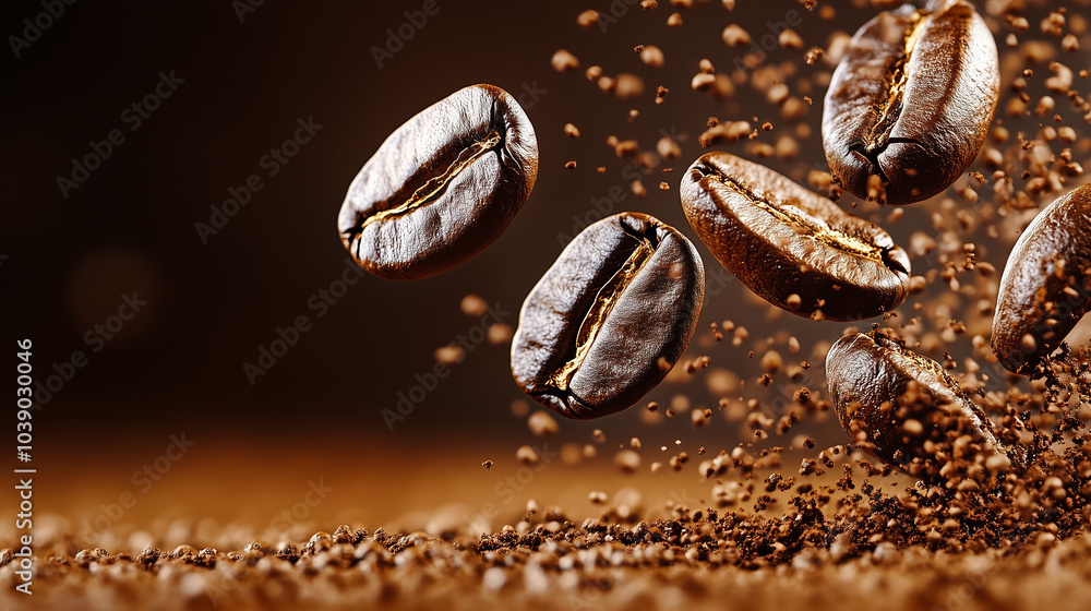 Flying coffee beans on dark brown background with copy space. Close up Flying coffee beans on dark brown background with copy space. Close up