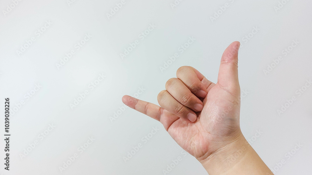 Hand gesture close up, calling sign, shaka sign. Isolated on white background Hand gesture close up, calling sign, shaka sign. Isolated on white background