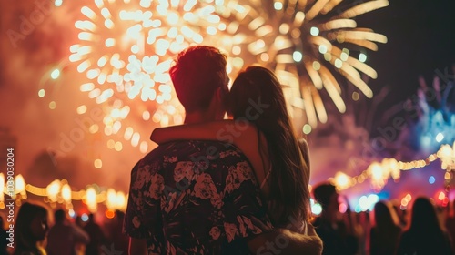 A young couple watching fireworks, holding each other happily